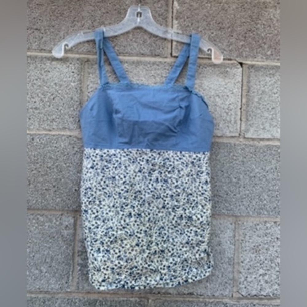 One Of A Kind Tank Top Vintage 90s Y2K Floral Chambray Tie Back Boho Medium